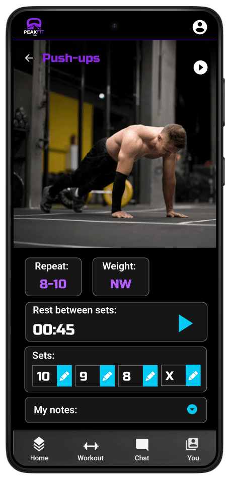 PeakFit App - página registro rutina